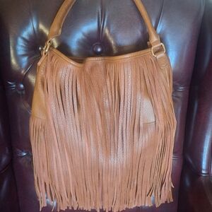 Boho Chic Tan Fringed Leather Shoulder Bag With 3 Pockets Calin Collection
